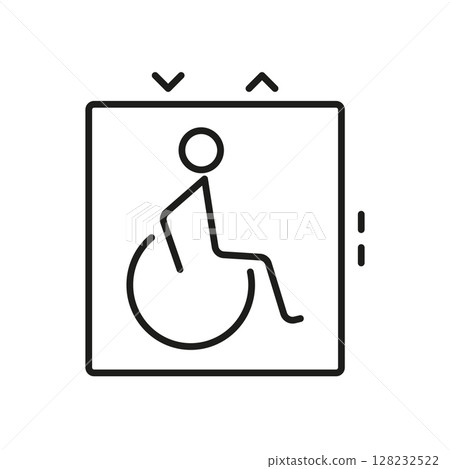 Wheelchair Accessible Elevator Line Icon. Disability-Friendly Lift Access Outline Symbol. Inclusive Mobility And Accessibility Design. Editable Stroke. Isolated Vector Illustration 128232522
