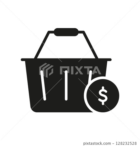 Shopping Basket With Dollar Symbol Solid Icon. Retail Payment, E-Commerce, And Financial Transaction Silhouette Symbol. Consumer Spending And Purchase Representation. Isolated Vector Illustration 128232528