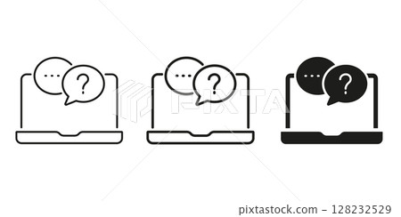 Laptop With Speech Bubbles Icon Set. Online Communication, Customer Support, And Virtual Assistance Outline And Silhouette Symbol Collection. Digital Interaction. Isolated Vector Illustration 128232529