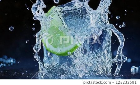 Fresh lime splashes into clear water creating ripples and droplets under soft lighting in a dark setting 128232591