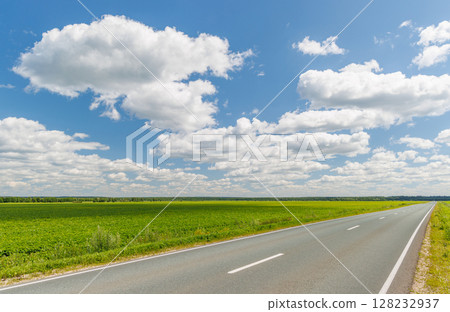 Endless asphalt road stretching through a summer landscape of green fields under a sunny sky 128232937