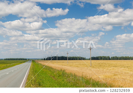 Endless asphalt road stretching through a summer landscape of green fields under a sunny sky Endless asphalt road stretching through a summer landscape of green fields under a sunny sky 128232939