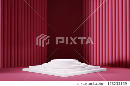 3d pink room background with white podium and column. Product display with platform. Abstract geometric light scene. 3d pink room background with white podium and column. Product display with platform. Abstract geometric light scene. 128233169