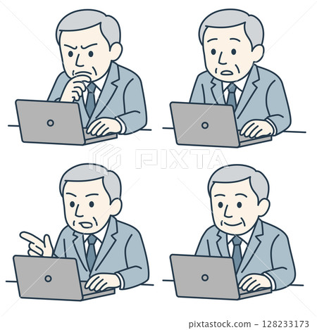 Senior man working on a laptop, reliable judgment, 4 facial expressions set (blue color) 128233173