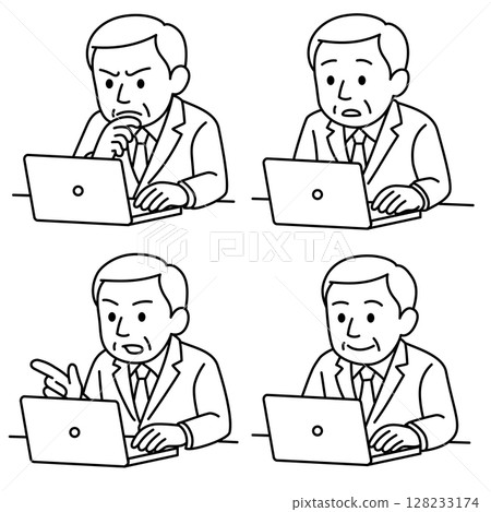 老人在筆記型電腦上工作，可靠的判斷，4 種面部表情集（線條畫） 128233174