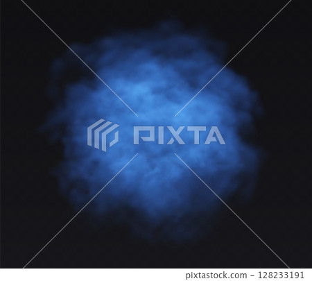 Smoke blue round cloud on black transparent background. Fog vector effect 128233191