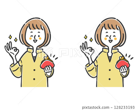 Young woman holding a wallet, upper body, vector 128233193