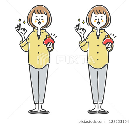 女人拿著錢包並做出「OK」手勢，全身，向量圖 128233194