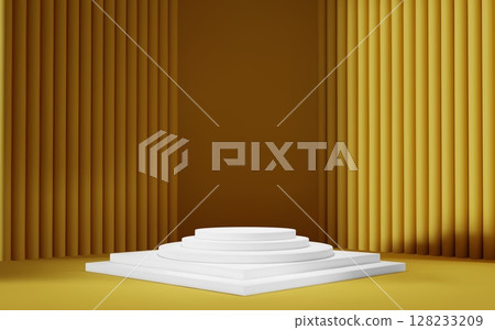 3d yellow room background with white podium and column. Product display with platform. Abstract geometric light scene. 128233209