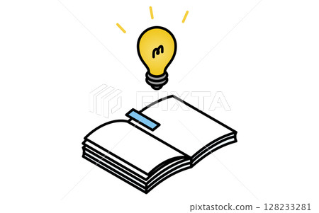 Image of an open book and a glowing light bulb inspiration, simple line icon, isometric illustration Image of an open book and a glowing light bulb inspiration, simple line icon, isometric illustration 128233281