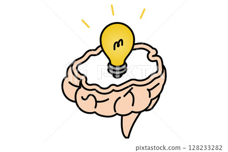 Brain and glowing light bulb inspiration image, simple line icon, isometric illustration 128233282