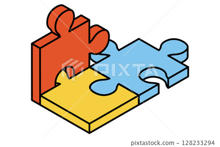 Interlocking puzzle pieces simple line icon, isometric illustration Interlocking puzzle pieces simple line icon, isometric illustration 128233294