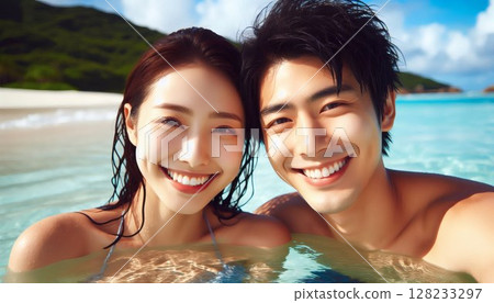Blue sky and sea, men and women in swimsuits enjoying summer memories 128233297