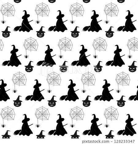 Silhouettes Witch with broom Spider on cobweb and Halloween Pumpkin in Witch Hat Seamless Pattern 128233347