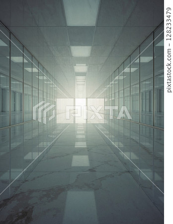 Illuminated hallway with glass walls. Clean, modern feel suitable for corporate, medical, or institutional themes. 128233479