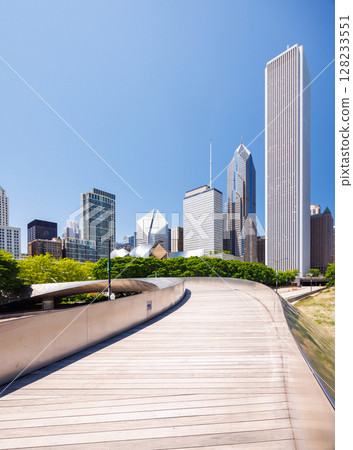 Sunny view of downtown Chicago with iconic skyscrapers rising above a Millennium park Sunny view of downtown Chicago with iconic skyscrapers rising above a Millennium park 128233551