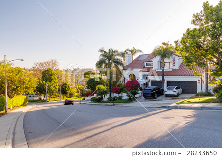Suburban street with houses in the Los Angeles area 128233650