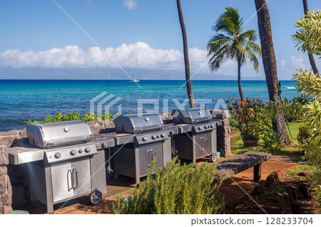 Barbecue area with grills overlooking the ocean Barbecue area with grills overlooking the ocean 128233704