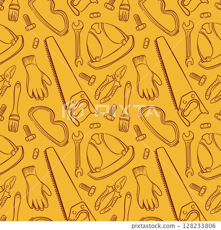 Seamless repair tools pattern in line art style with gloves, saw, pliers, wrench, helmet, brush, bolts and goggles on a yellow background for construction industry. 128233806