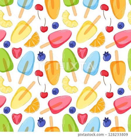 Seamless pattern with colorful cartoon style frozen ice cream on white background. Design with blueberry, strawberry, orange fruit, cherry and pineapple for summer packaging, cafe product, fabric. Seamless pattern with colorful cartoon style frozen ice cream on white background. Design with blueberry, strawberry, orange fruit, cherry and pineapple for summer packaging, cafe product, fabric. 128233809