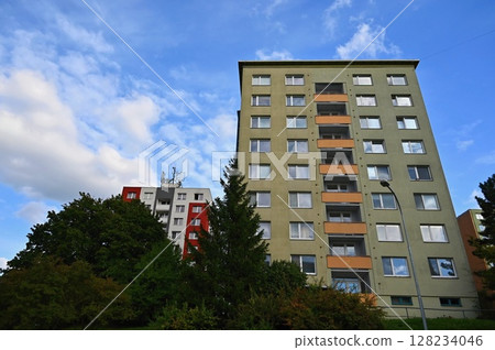 facade of a modern apartment building with windows and balconies. Czech Republic - Europe. 128234046