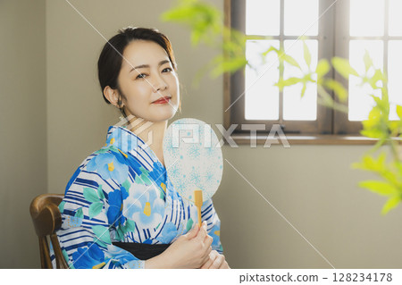 A woman in a yukata by the window A woman in a yukata by the window 128234178