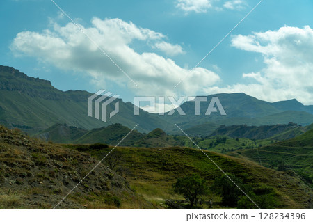 The mountains are covered in green grass and trees The mountains are covered in green grass and trees 128234396