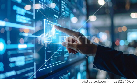 一個男人觸摸並操作螢幕面板的未來虛擬圖像。 128234560
