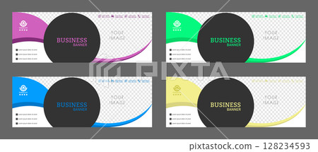 Layout for a business banner. A set of colored horizontal templates with space for a photo, illustration or corporate image. Layout of the cover of a modern catalog, brochure, project or creative idea Layout for a business banner. A set of colored horizontal templates with space for a photo, illustration or corporate image. Layout of the cover of a modern catalog, brochure, project or creative idea 128234593
