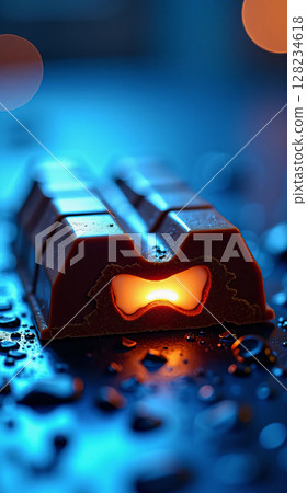 Chocolate bar in neon light. A slice of chocolate bar with cream filling, illuminated by bright neon lighting. Chocolate bar in neon light. A slice of chocolate bar with cream filling, illuminated by bright neon lighting. 128234618