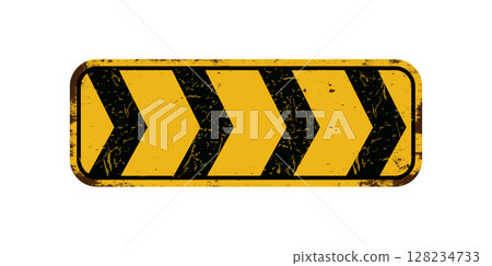 An old rectangular, worn road sign with black arrows to the right. Yellow turn signal light 128234733