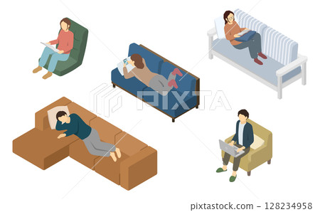 Isometric illustration: person relaxing on sofa 128234958