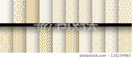 Geometric set of seamless golden and white patterns. Simple vector graphics 128234965