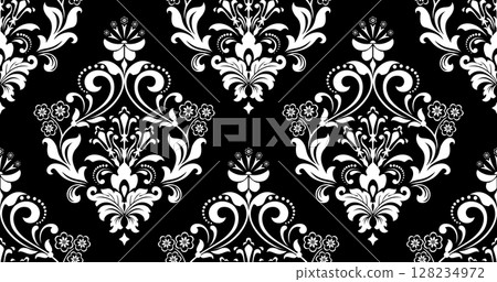 Wallpaper in the style of Baroque. White and black floral ornament. Seamless vector background. Graphic pattern for fabric, wallpaper, packaging. Ornate Damask flower illustration. 128234972