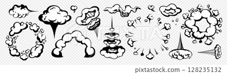 Cartoon comic smoke and cloud explosion set isolated on transparent background. Vector puff, trail, and boom effects in black outline. Ideal for stickers, comics, games, and animated scenes 128235132