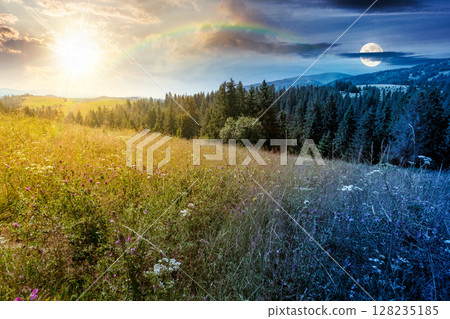 mountain landscape with fir forest on the hill on summer solstice. hiking through beautiful nature scenery of alpine countryside with sun and moon at twilight. day and night time change concept 128235185