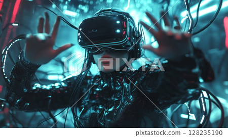 woman in virtual reality headset 128235190