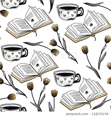 Hand drawn seamless pattern with tulip flowers and open book, doodle sketch drawing. Vector vintage book isolated on white background. Graphic illustration. Hand drawn seamless pattern with tulip flowers and open book, doodle sketch drawing. Vector vintage book isolated on white background. Graphic illustration. 128235238