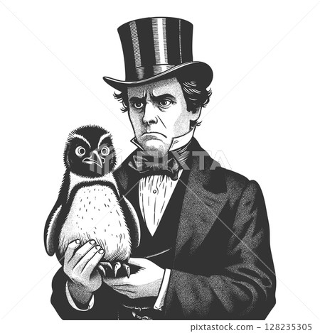 Man with Penguin engraving vector illustration 128235305