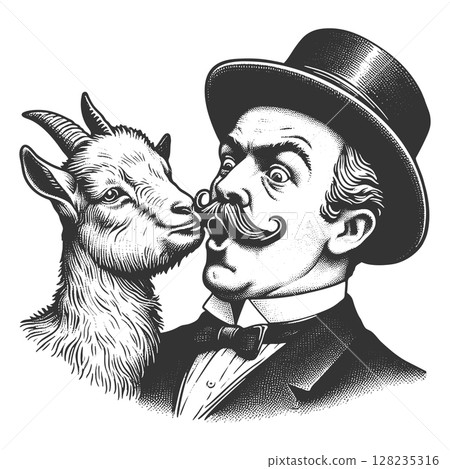 Man Shocked by Goat Kiss raster illustration 128235316