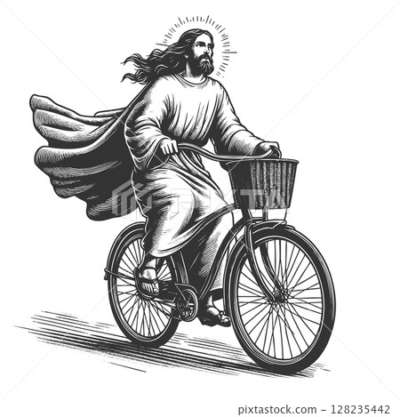Jesus Riding Bicycle sketch raster illustration Jesus Riding Bicycle sketch raster illustration 128235442