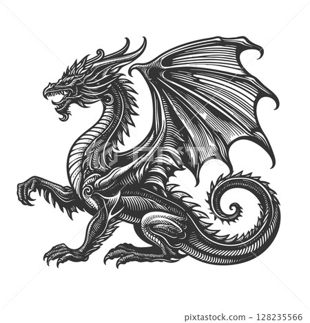 Dragon engraving sketch raster illustration Dragon engraving sketch raster illustration 128235566