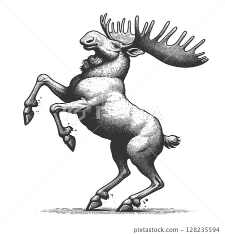 Rearing Moose engraving sketch raster illustration Rearing Moose engraving sketch raster illustration 128235594