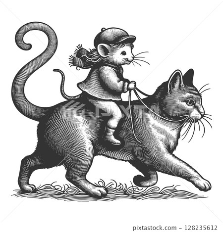Mouse Riding a Cat engraving vector illustration 128235612