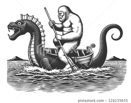 Sasquatch Rowing a Sea Monster Boat sketch vector 128235635