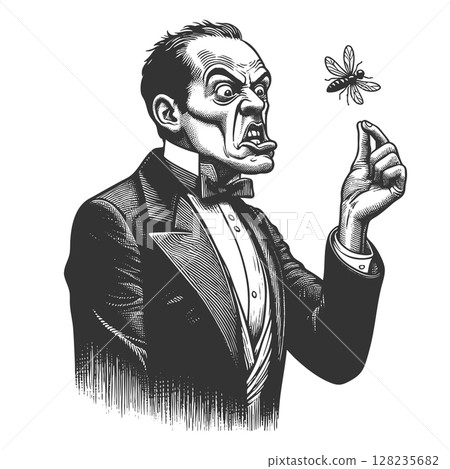 Angry Man Yelling at Mosquito raster illustration 128235682