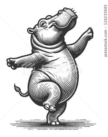Dancing Hippopotamus engraving raster illustration Dancing Hippopotamus engraving raster illustration 128235685