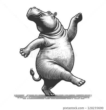 Dancing Hippopotamus engraving raster illustration 128235690