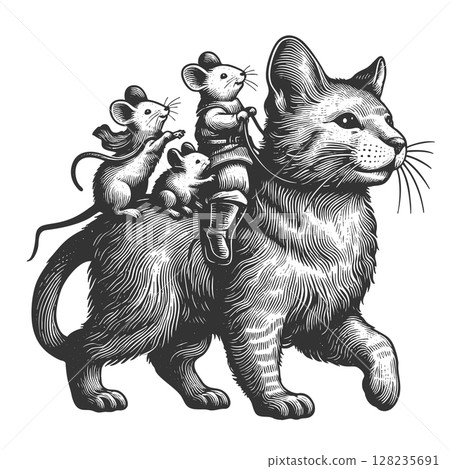 Mouse Riding a Cat engraving vector illustration 128235691