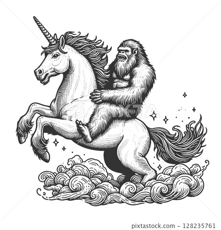 Yeti Riding a Unicorn in Surreal sketch vector Yeti Riding a Unicorn in Surreal sketch vector 128235761
